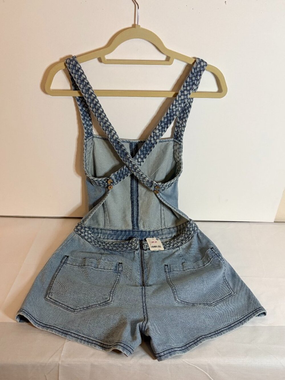 Free People Karina Braided Strap Denim Romper Light Blue Women's Size M (NWT)